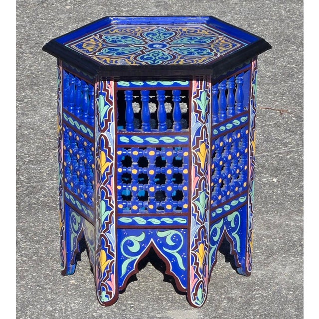 Hand-Painted Moroccan-Style Hexagonal Side Table, Musharabi Blue For Sale In Orlando - Image 6 of 6