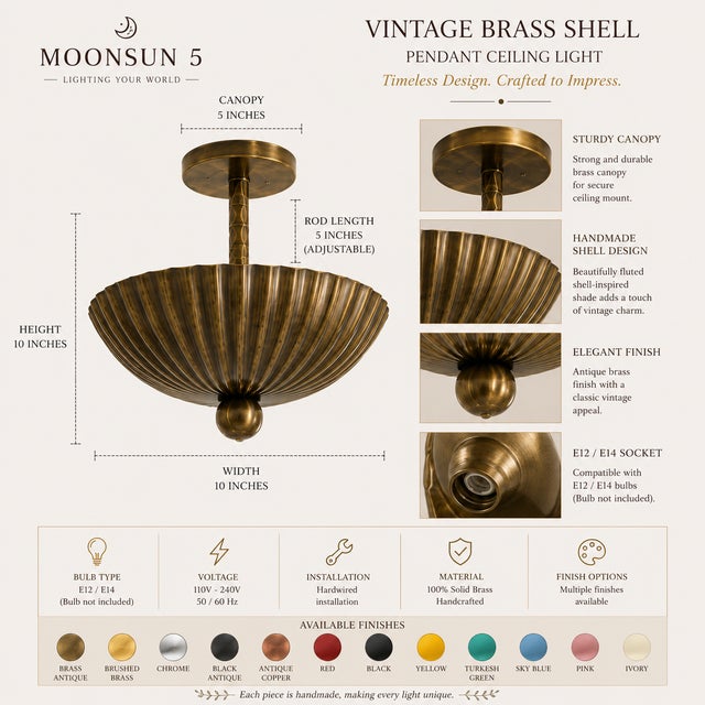 Vintage Brass Shell Pendant Chandelier, Handmade Scalloped Brass Ceiling Light, Mid Century Modern Semi Flush Mount, Art Deco Brass Fixture For Sale - Image 4 of 15