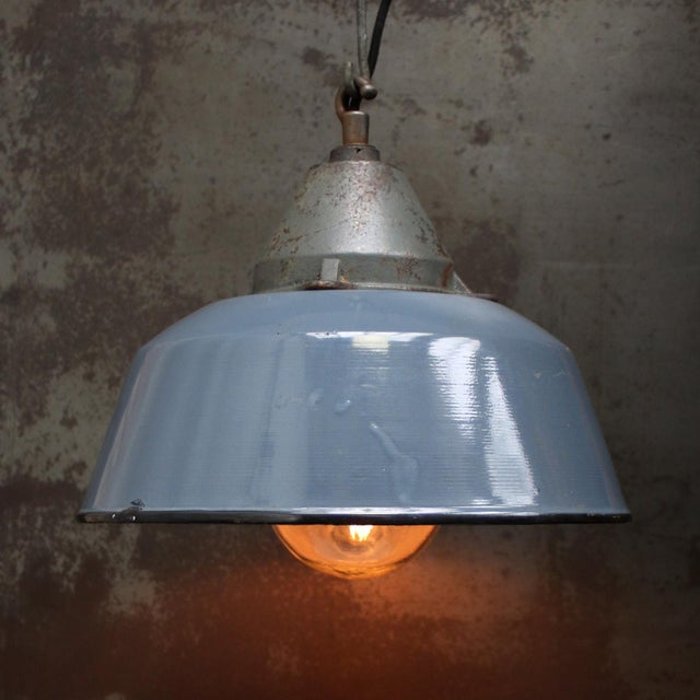 Factory hanging lamp grey enamel white interior clear glass, cast iron top depending on destination, all our lights are...
