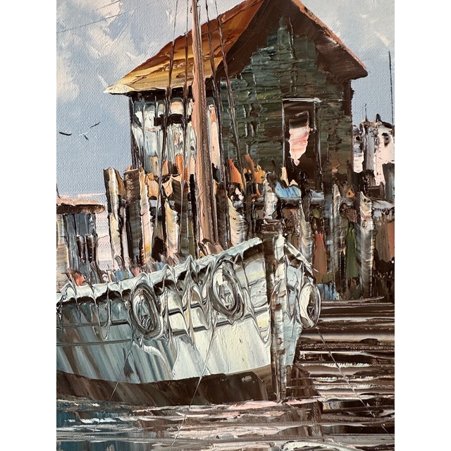 Vintage Midcentury Oil Painting of Boats in a Harbor, Framed and Signed W. Jones For Sale - Image 9 of 9