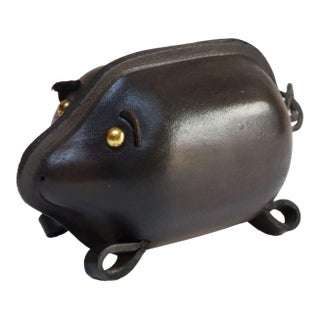 Vintage Japanese Kounoike Leather and Brass Piggy Bank For Sale