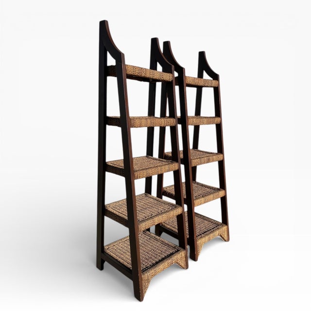 Pair of Mid-Century Wood and Woven Rush Etageres, 20th Century For Sale - Image 4 of 18