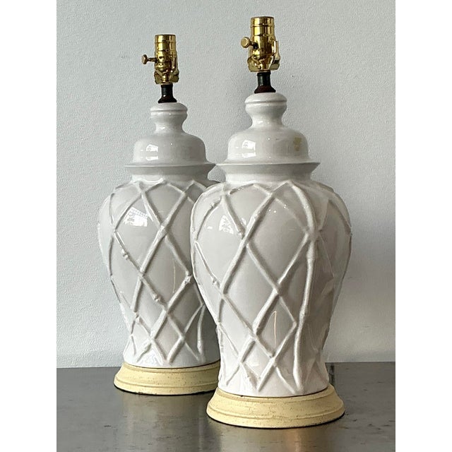 Vintage Glazed Ceramic Trellis Lamps - A Pair For Sale - Image 4 of 12