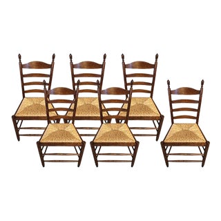 Antique French Ladderback Rush Seat Dining Chairs - Set of 6 For Sale