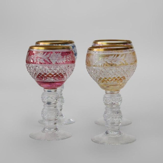 Glass Antique Bohemian Multicolored Floral Cut to Clear Crystal Stemmed Glasses - Set of 4 For Sale - Image 7 of 7