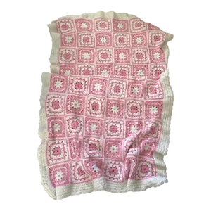 Vintage Pink & White Granny Square Crochet Throw