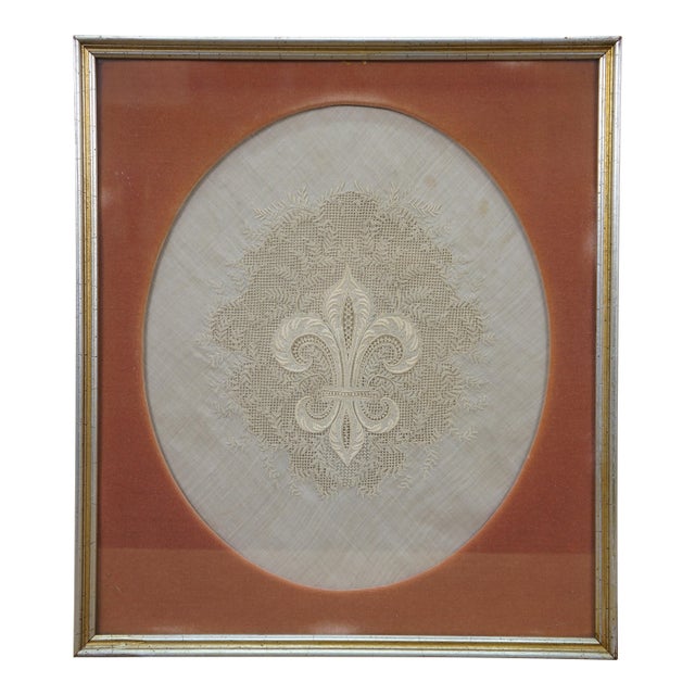 Antique French Framed White Linen & Lace Fleur De Lis Embroidered Textile For Sale