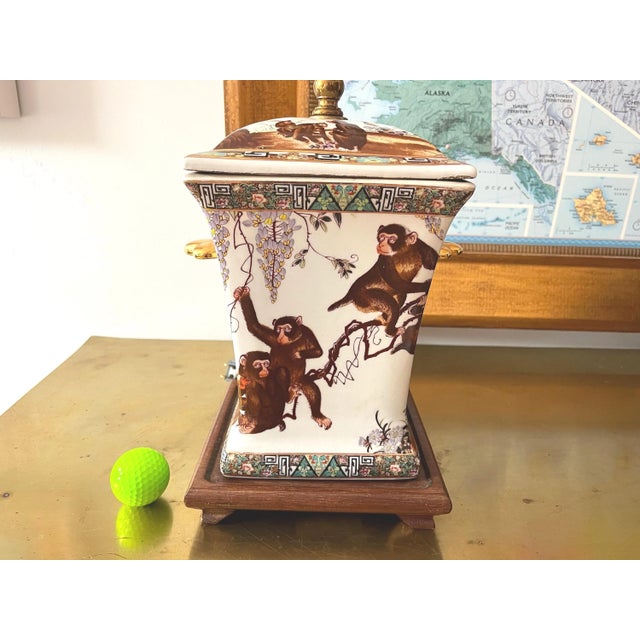 Wood 1950s Porcelain Monkeys Jar Lamp & Shade For Sale - Image 7 of 18