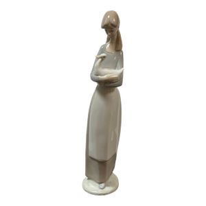 Nao for Lladró Girl in Apron Holding Duck Porcelain Figurine, Signed