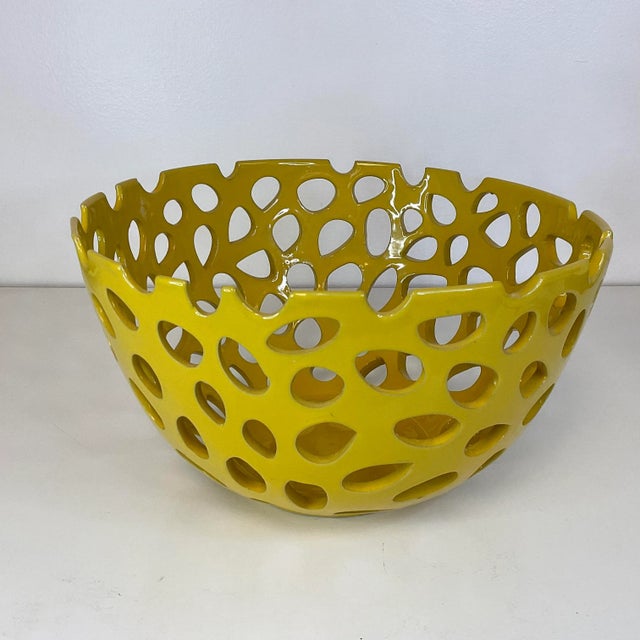 1990s Contemporary Free Form Cutout Ceramic Decorative Bowl in Mustard Yellow For Sale - Image 12 of 13