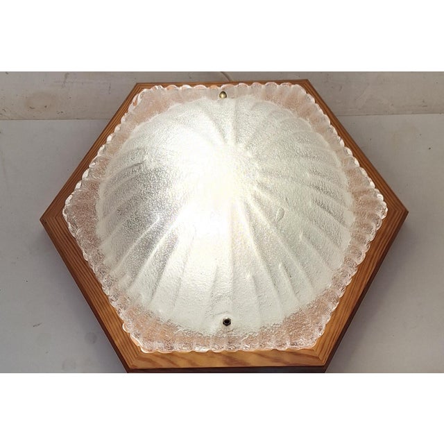 1980s Vintage Ceiling Lamp with Hexagonal Pine Wood Frame for Frosted Glass Shade, 1980s For Sale - Image 5 of 9