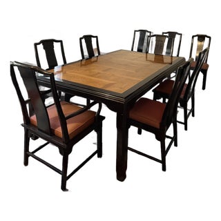 Burl and Black Lacquer Dining Set Attributed to Century Furniture's Chin Hua Collection, Designed by Raymond K. Sobota. Circa 1970s–80s. For Sale