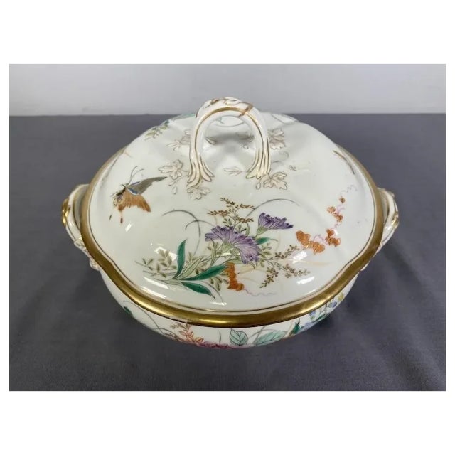 Victorian Antique Chinese Export Vegetable Tureen Hand Painted Insects & Flowers For Sale - Image 3 of 6