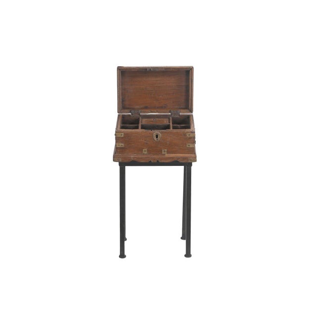English Vintage Anglo-Indian Teak and Brass Small Chest on Iron Legs/Side Table For Sale - Image 3 of 3