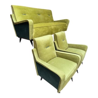 1950s Set Chartreuse and Emerald Mid Century Settee and Arm Chairs For Sale