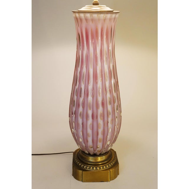 1960s Rare Xxlarge Massive Pink "Costolato" Barovier Toso Murano Italy Bubble Blown Art Glass Brass Table Lamp For Sale In Los Angeles - Image 6 of 13