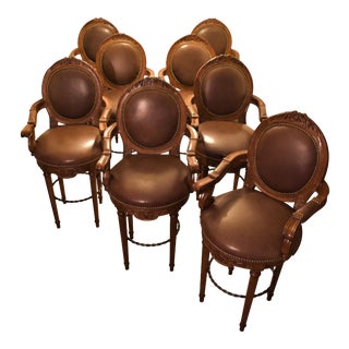 1990s Tommy Bahama Home Italian Leather "Dragonfly" Swivel Bar Counter Stools - Set of 8 For Sale