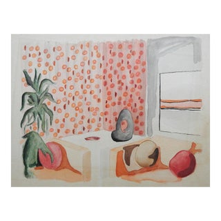 Mid 20th Century Mod Pink Interior Watercolor Painting For Sale