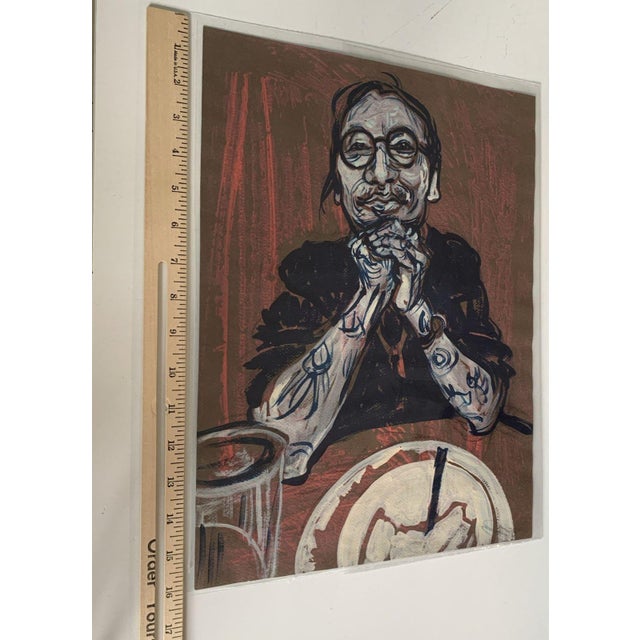 Folk Art Llegible Artist Signature Modern Expressionist Portrait Mixed Media Lithograph For Sale - Image 3 of 6