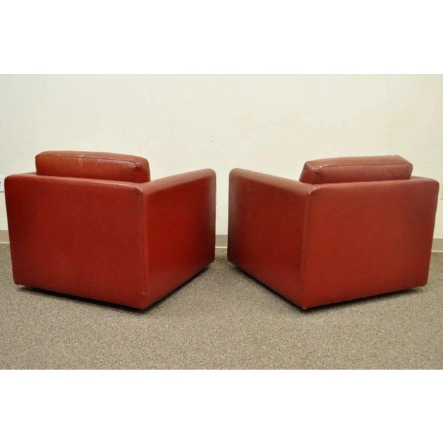Late 20th Century Vintage Mid Century Modern Red Leather Cube Club Lounge Chairs on Casters - Pair For Sale - Image 5 of 12