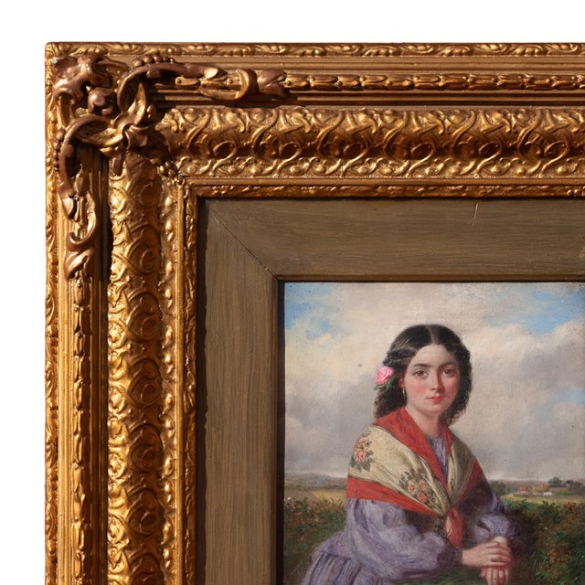 Textile Antique 19th Century Realism Landscape Portrait Oil Painting of a Beautiful Young Woman by Haynes King, 1860 For Sale - Image 7 of 13