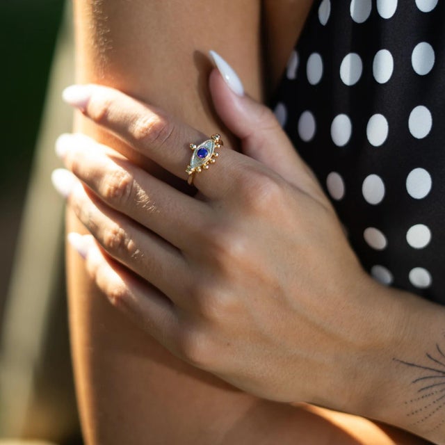 Mystic Amethyst Evil Eye Gold Adjustable Band Ring, Size 8 For Sale - Image 4 of 6