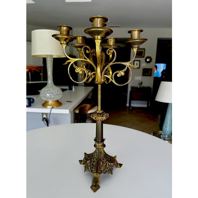 Traditional Single Antique Gothic Revival Brass 6 Light Candelabra For Sale - Image 3 of 18