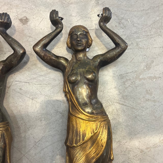 Art Deco Mid 20th Century 29.5" Tall Art Deco Classical Bronze Maidens Statues Sculptures - Set of 2 For Sale - Image 3 of 12