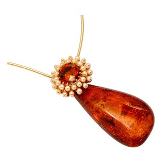 Late 20th Century 14K Rose Gold Amber Orange Citrine Seed Pearl Pendant Necklace For Sale