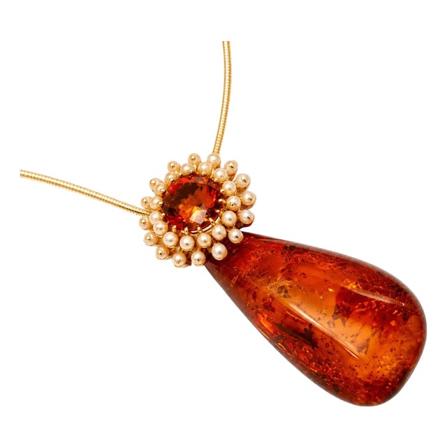 Late 20th Century 14K Rose Gold Amber Orange Citrine Seed Pearl Pendant Necklace For Sale