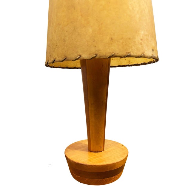 1950s Yasha Heifetz Style Geometric Mid-Century Oak Table Lamps W Whipple Stitch Shade For Sale In Los Angeles - Image 6 of 8