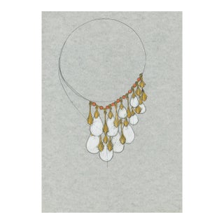 Original Jewelry Design Drawing – Pearl Drop Necklace 1970's Artist Unknown For Sale