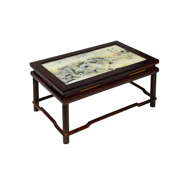 Rectangular Dream Stone Inlaid Rosewood Slender Cylindrical Legs Display Stand For Sale - Image 4 of 7