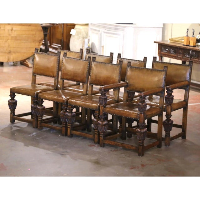 Late 19th Century 19th Century English Jacobean Oak Dining Chairs With Leather, Set of 8 For Sale - Image 5 of 12