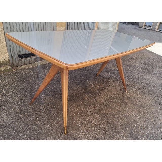 1950s Dining Table Wooden Base, Brass Finishes, Wooden and Blue Glass Top, 1950s For Sale - Image 5 of 6