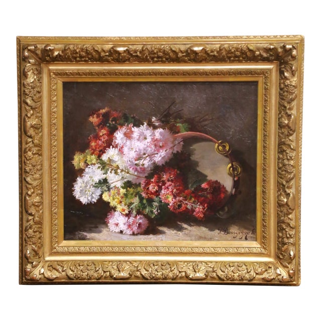 19th C. French Floral Still Life Oil on Canvas in Gilt Frame by Pierre Bourgogne For Sale