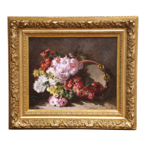 19th C. French Floral Still Life Oil on Canvas in Gilt Frame by Pierre Bourgogne