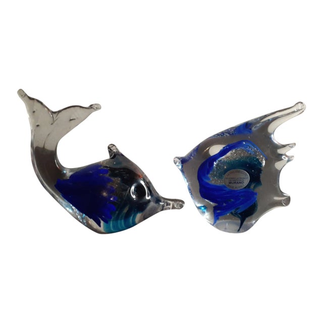 1980s Murano Italy Pair of Cobalt Blue Aventurine Fish Figurines For Sale