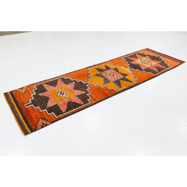 Turkish 3 X 10 Vintage Turkish Wool Runner in Burnt Orange With Tribal Geometric Motifs For Sale - Image 3 of 10