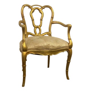 Gilded Faux Bamboo Hollywood Regency Armchair For Sale