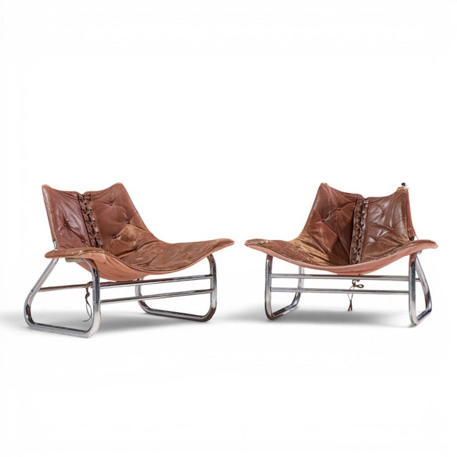 Johan Bertil Häggström for Swed-Form Mid Century Swedish Leather and Chrome Corset Chairs - Pair Each chair measures: 41.5...