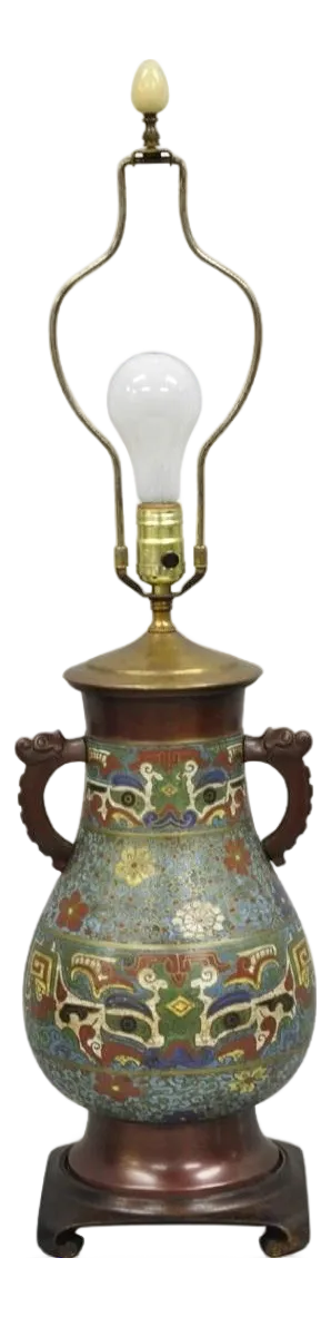 Antique Chinoiserie Blue Cloisonne Enamel Bronze Champleve Vase Table Lamp