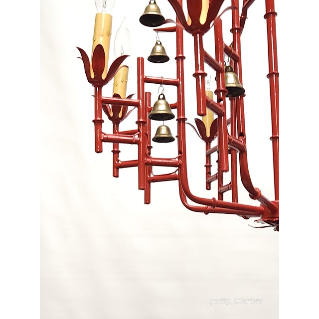 1960s Massive Vintage Italian Tole Red Faux Bamboo Birdcage Chandelier With Bells ~ Rewired ~ Restored ~ Rejuvenated ~ Ready to Hang ~ For Sale - Image 5 of 12