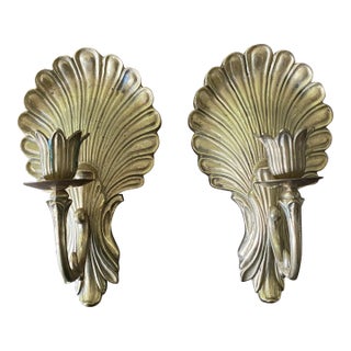 Vintage Art Deco Hollywood Regency Brass Shell & Tulip Wall Sconces- a Pair For Sale