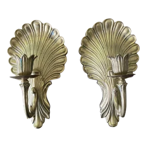 Vintage Art Deco Hollywood Regency Brass Shell & Tulip Wall Sconces- a Pair