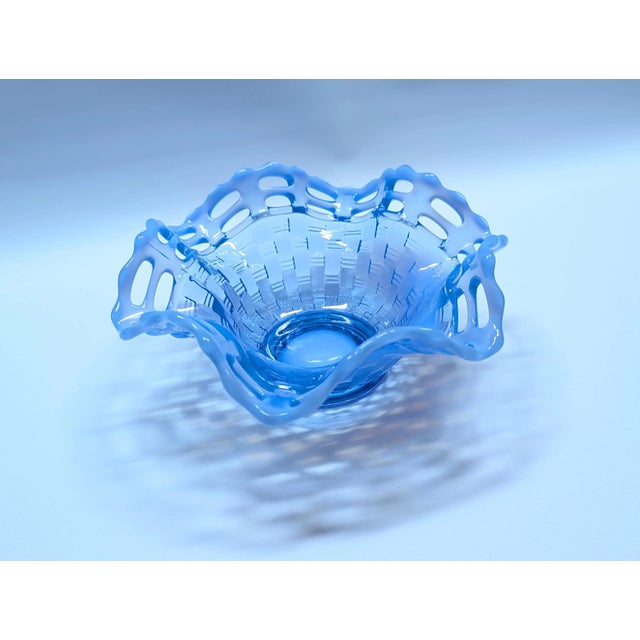 Mid-Century Modern 1930s Fenton Art Glass Basket Weave With Open Edge Blue Opalescent Double Crimped Bowl For Sale - Image 3 of 8