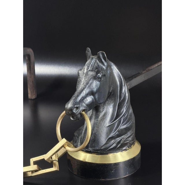 French Horse Head Andirons in Brass and Iron, 1950s, Set of 2 For Sale - Image 11 of 17