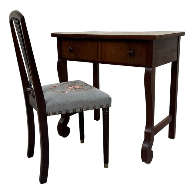 Antique American Empire Mahogany Writing Desk With Lyre Back Needlepoint Chair For Sale