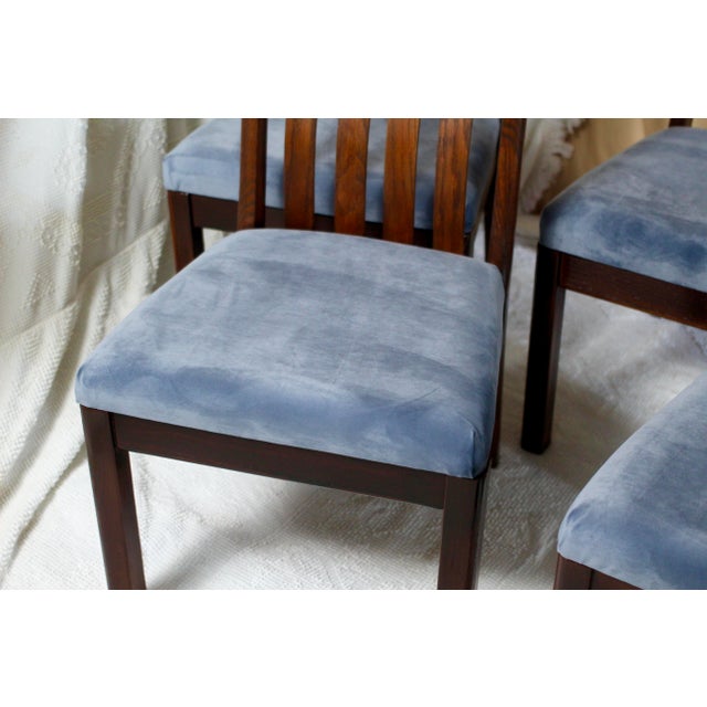Set of 4 Oak Arched Dining Chairs With Blue Velvet Upholstered Seats For Sale - Image 15 of 16