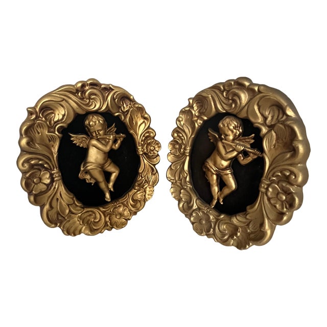 Vintage Ardco Cherub Wall Plaques Gold Rococo Putti Art Set of 2 Hollywood Regency Decor Black Velvet Japan For Sale